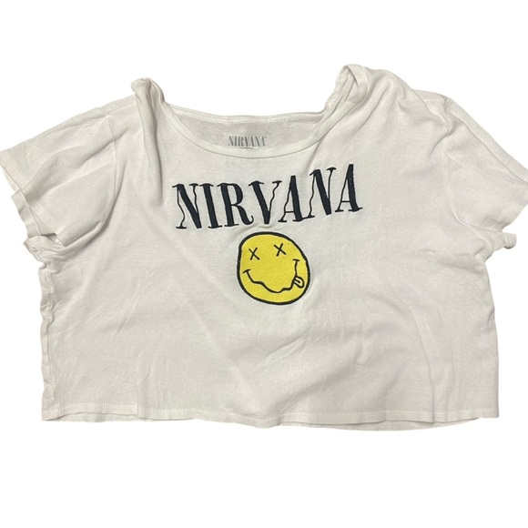 Nirvana White Embroidered Graphic Women's Crop Top Size L Grunge Rock Boxy 90s - Picture 2 of 6